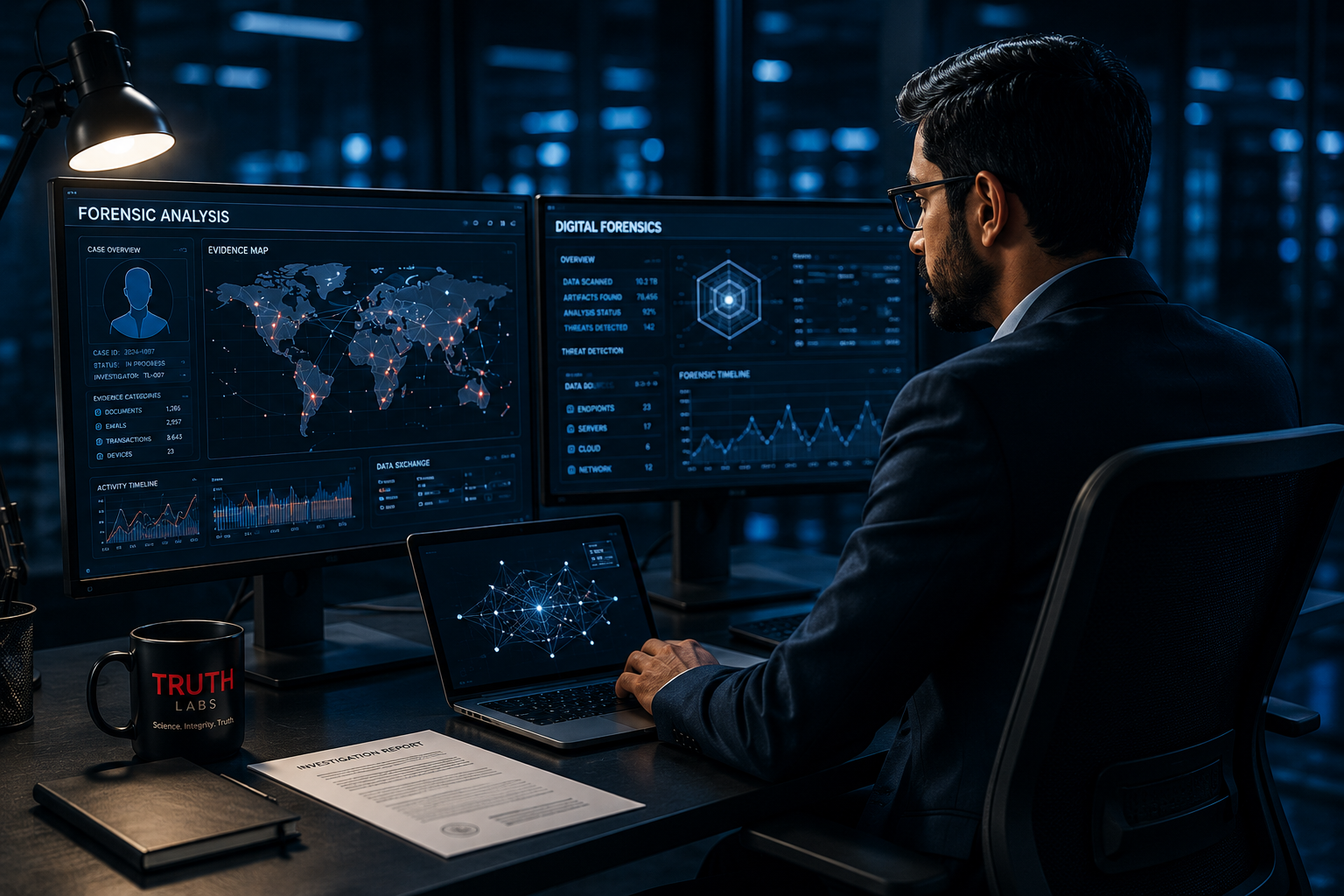 Digital forensic analyst reviewing evidence on multiple displays at Truth Labs